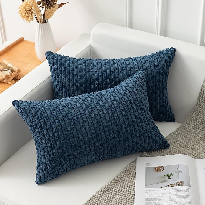 Kevin Textile 12x24 Inch Pillow Cover 1 Pack Boho Decorative Soft Striped Corduroy Lumbar Farmhouse Solid Color Accent Rectangle Cushion Case for Living Room Couch Sofa Bed, Blue