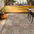 Vintage Moss Green Living Room Rug, 8x10 Washable Area Rugs for Bedroom, Dining Room Rugs Under Kitchen Table, Oriental Taupe Low Pile Stain Resistant Non-Slip Large Rug