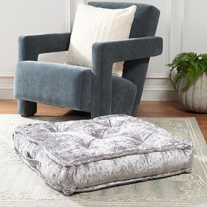 SAFAVIEH Home Collection Belia Silver 18-inch Square Tufted Floor Pillow with Insert