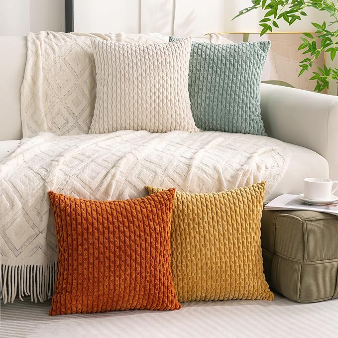 Set of 4 Yellow Rust Aqua Decorative Throw Pillow Covers 20x20 Inch Corduroy Pillow Covers for Bed Couch Sofa Living Room Soft Square Cushion Cases