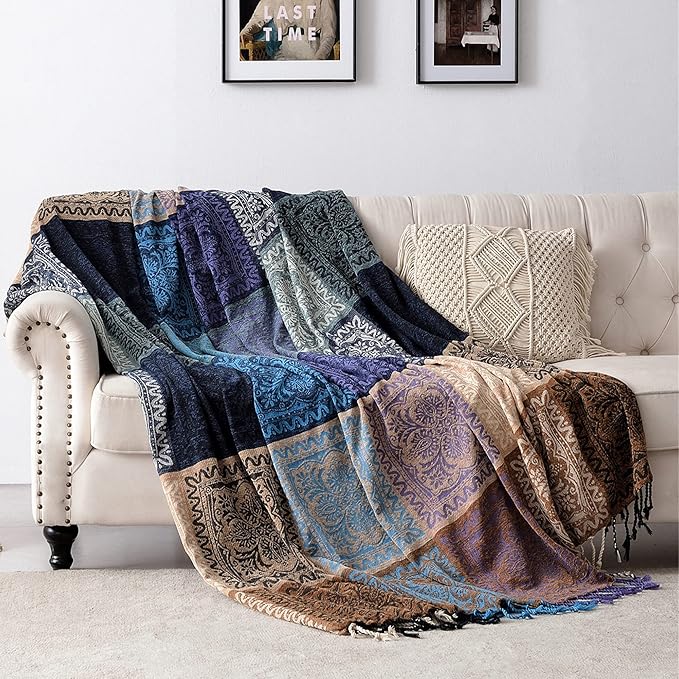 Boho Throw Blanket - Hippie Chenille Jacquard Bohemian Chair Couch Sofa and Bed Furniture Cover with Colorful Tribal Pattern (Purple, 60" x 75")