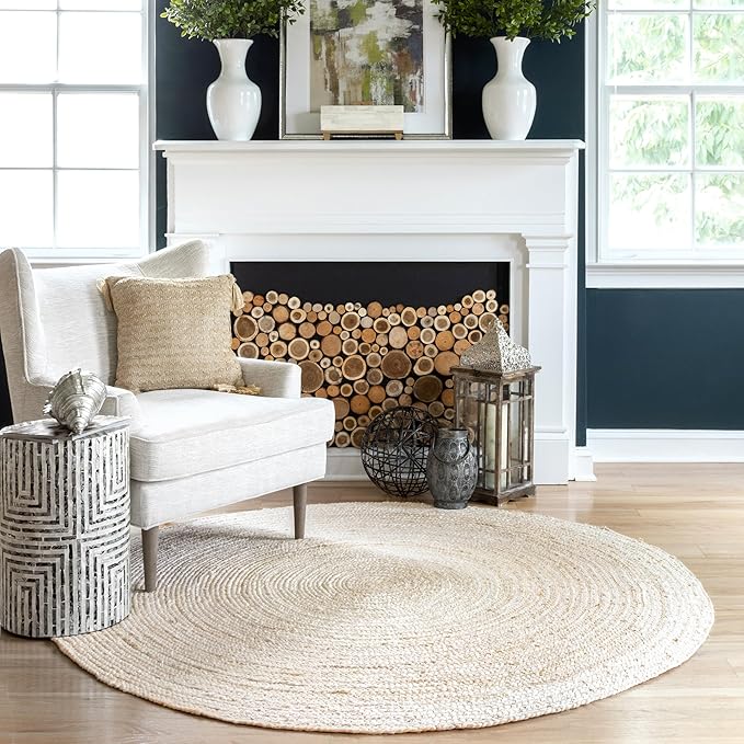 nuLOOM 7 Round Rigo Jute Hand Woven Area Rug, Off White, Solid Farmhouse Design, Natural Fiber, For Bedroom, Living Room, Dining Room, Hallway, Office, Kitchen, Entryway