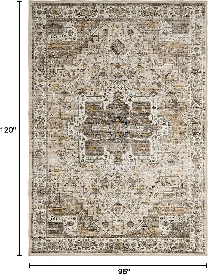 8x10 Area Rugs for Living Room, Vintage Washable Rug with Non-Slip Backing, Stain Resistant Large Area Rug for Dining Room, Soft Rugs for Bedroom (Beige/Brown, 8'x10')