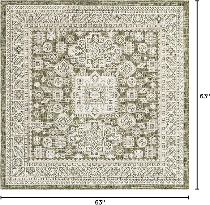 Rugs.com Outdoor Aztec Collection Rug – 5 Ft Square Green Flatweave Rug Perfect for Living Rooms, Kitchens, Entryways