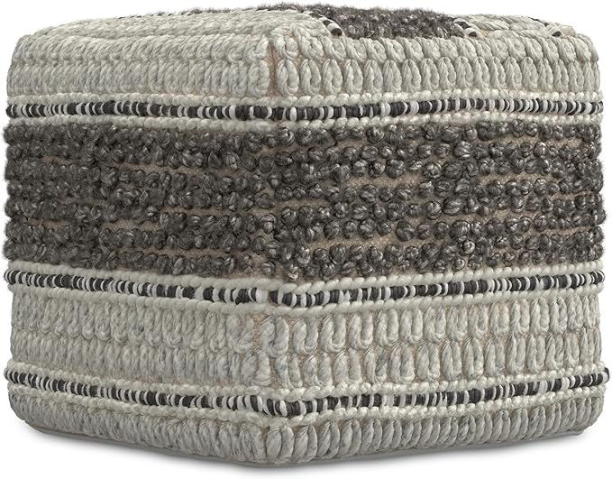 SIMPLIHOME Grady Square Pouf - 18 inch Wide Wool and Cotton Handloom Woven Ottoman in Earth Tone Brown, Contemporary Footstool or Extra Seating for Living Room with Polystyrene Bead Filling, Assembled