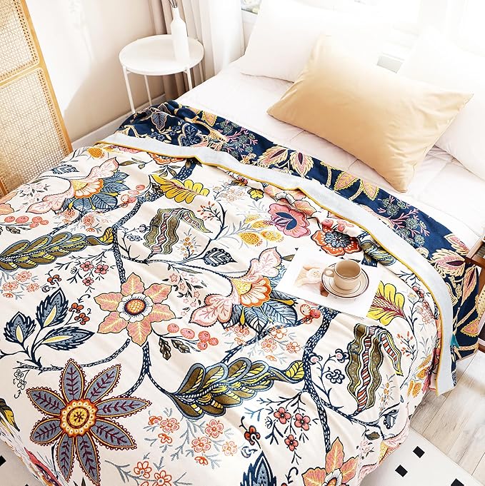 Scientific Sleep Boho Flower Blossom Farmhouse Retro Floral 100% Cotton Muslin Blanket Throw Cover for Bed Couch Sofa Cozy Soft Reversible Blanket Quilt Bedspread Coverlet Full Queen 80 in x 90 in