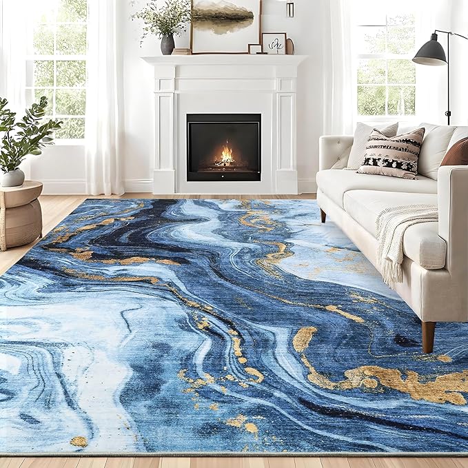 GarveeHome Large Area Rugs 9x12 Washable Modern Abstract Rug, Non-Shedding Neutral Living Room Rugs, Stain-Resistant Low Pile Abstract Floor Cover for Bedroom, Dining Room, Farmhouse, Office, Blue