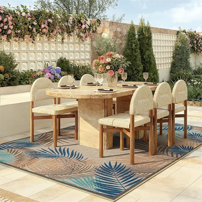 LIVEBOX Modern Easy Jute Outdoor Rug 8x10, Washable Rugs for Living Room Indoor Outdoor Non Slip Large Patio Tropical Leaf Farmhouse Area Rugs, Carpet for Backyard Office Decor(Olive 8'x10')