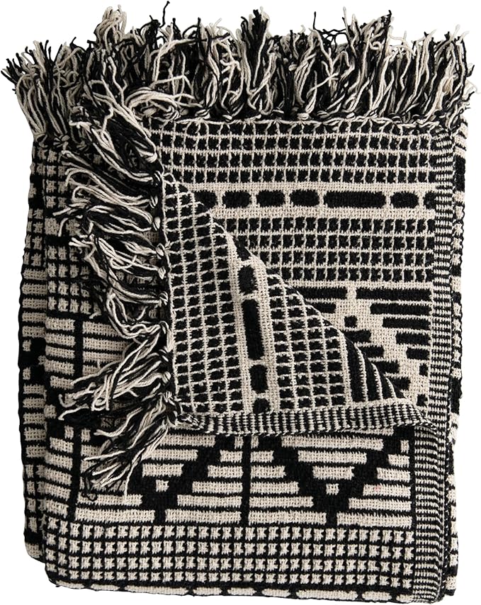 Bloomingville Soft Reclaimed Cotton Blend Throw with Diamond Pattern and Fringe, Black and Beige