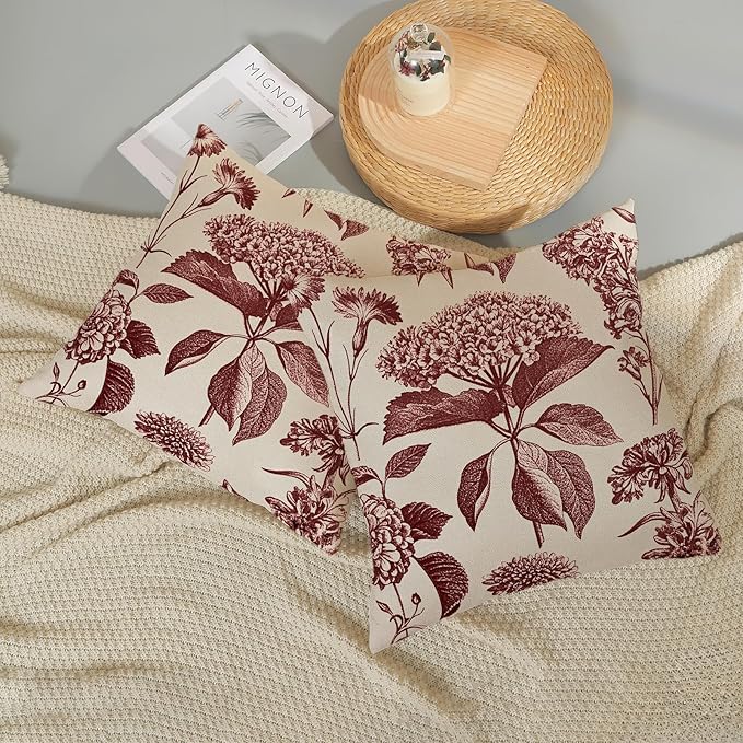 Burgundy Red Pillow Covers 18x18 Set of 2 Vintage Boho Floral Hydrangea Herbs Botanical Throw Pillows Outdoor Flower Decoration Pillowcase Linen Farmhouse Cushion Case Decor for Couch Sofa