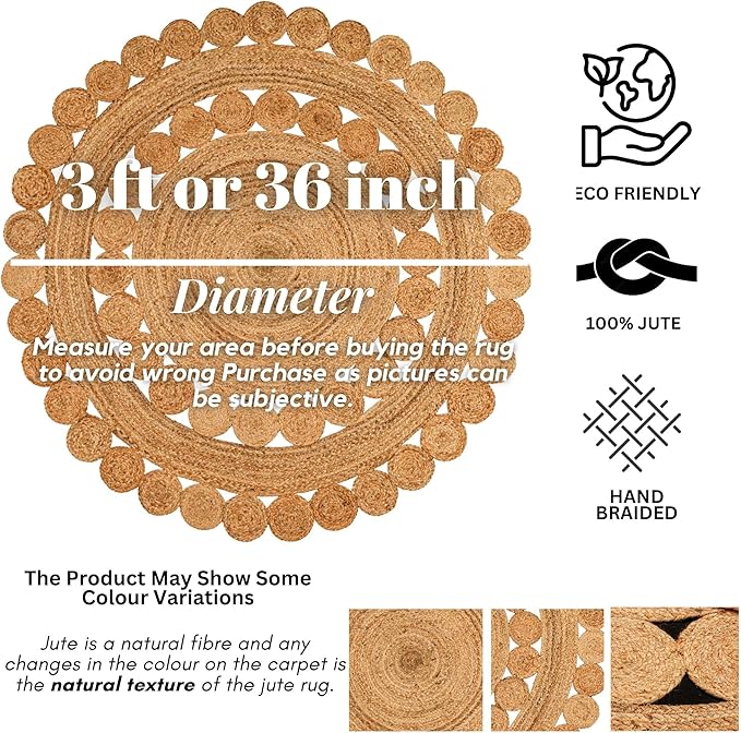 Hand Woven Braided Jute Rug - 4' Round - Reversible Farmhouse Dining Room Rug, Living Room, Bedroom, Kitchen - Natural Decorative Floor Circle Boho Entry Area Rugs - 4 Foot Round Rug