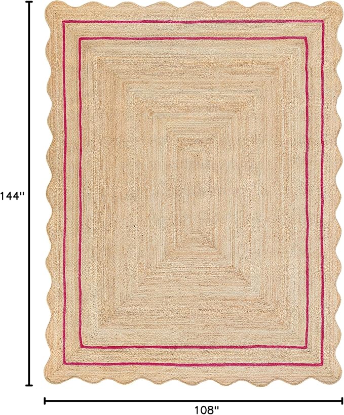 Wave Scalloped Natural Jute Rug Boho Jute Rug Entryway Runner Rug Farmhouse Scallop Rug, Dark Pink (9'x12')