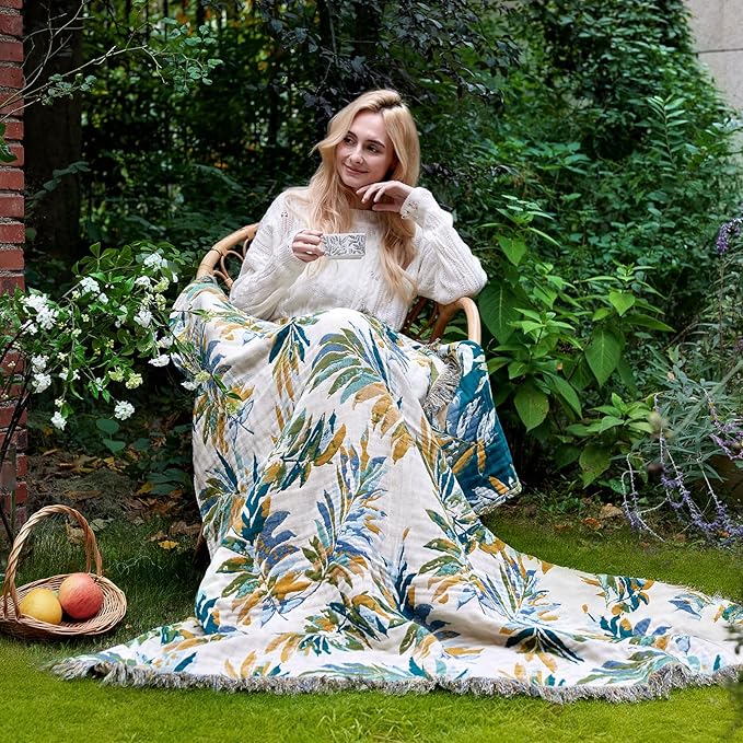 Boho Throw Blanket for Bed Cotton Spring Blankets Twin Size for Bedroom Living Room All Season Lightweight Leaves Embroidery Breathable Quilt for Couch Sofa Chair 60"x80" Home Decor
