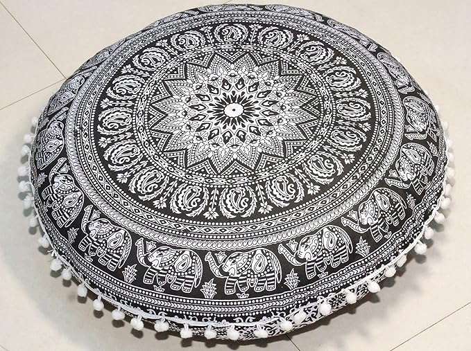 Round Mandala Floor Pillow Cover Seating Cushion Throw Cover Hippie Decorative Bohemian Ottoman Pouf Cover, Pom Pom Pillow Cases,Boho Indian 22 Inches (Black Elephant Flower)
