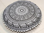 Round Mandala Floor Pillow Cover Seating Cushion Throw Cover Hippie Decorative Bohemian Ottoman Pouf Cover, Pom Pom Pillow Cases,Boho Indian 22 Inches (Black Elephant Flower)