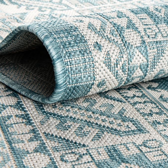 Rugs.com Outdoor Aztec Collection Rug – 5' x 8' Aqua Flatweave Rug Perfect for Living Rooms, Large Dining Rooms, Open Floorplans