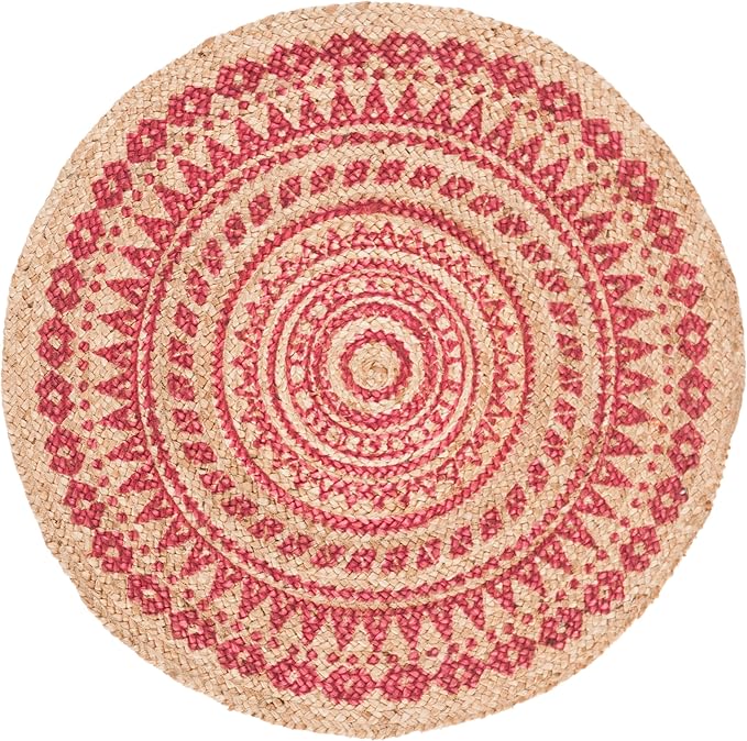 SAFAVIEH Natural Fiber Collection Area Rug - 4' Round, Fuchsia & Natural, Handmade Boho Mandala Braided Jute, Ideal for High Traffic Areas in Living Room, Bedroom (NF802C)