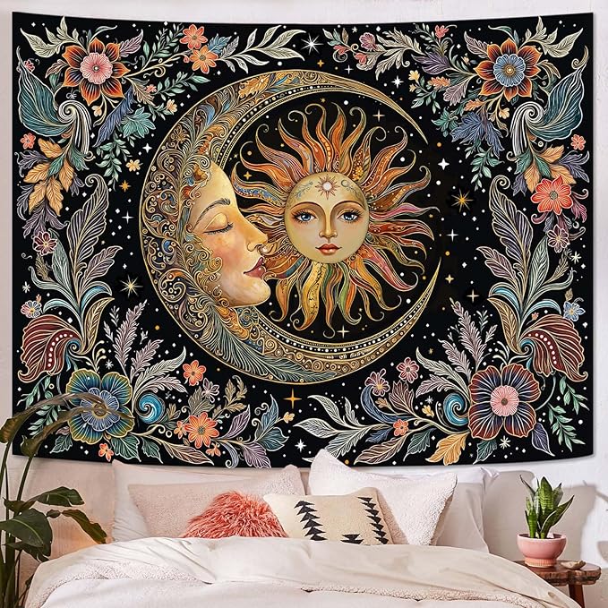 Fungarth Sun and Moon Tapestry Hippie Boho Floral Wall Tapestry for Bedroom Aesthetic Vintage Plant Celestial Spiritual Botanical Large Tapestries Wall Hanging for Living Room Dorm 80 x 60 Inch