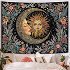 Fungarth Sun and Moon Tapestry Hippie Boho Floral Wall Tapestry for Bedroom Aesthetic Vintage Plant Celestial Spiritual Botanical Large Tapestries Wall Hanging for Living Room Dorm 80 x 60 Inch