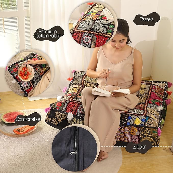 THE ART BOX Cotton Patchwork Vintage Boho Embroidered Floor Pillows & Cushion Cover Dog Pouf Seating Pouf Meditation Pillow Pet Bedding Cat Bed Boho Home Décor (35x35 Inches, Cover Only)