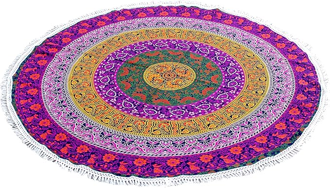Round Beach Tapestry Turquoise Mandala Throw/Boho Hippie Beach Blanket Roundie/Indian Cotton Bohemian Large Round Table Cloth-Home Decor/Yoga Mat Meditation Picnic Rug (70", 6 color)