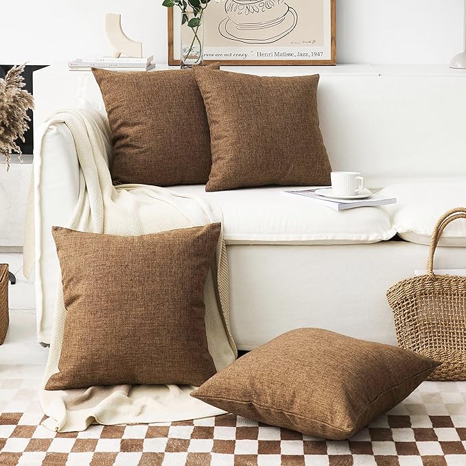 Home Brilliant Brown Pillow Covers Set of 4 Spring Decor Burlap Lined Linen Square Throw Pillowcase Cushion Covers for Bench, 4 Pack, 18x18(45cm), Brown