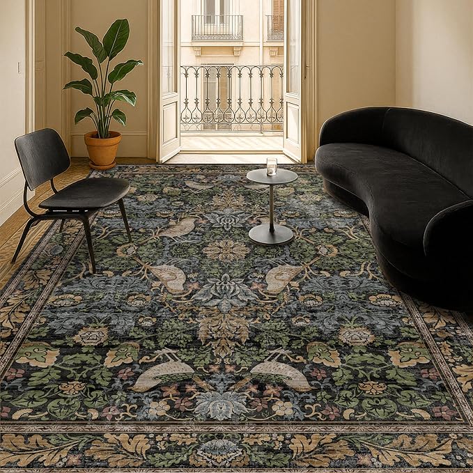 Vintage Green Rug for Extra Large Bedroom - Washable 10x12 Area Rug for Living Room, Dining Room Under Table, Boho Bird Decor, Soft Low Pile Non-Slip & Stain Resistance Brown Accent Carpet
