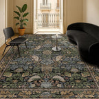 Washable Living Room Rug 7x9 - Dark Floral Nature Rugs for Bedroom, Dining Room Kitchen Table Rug for Under Table, Office, Stain Resistant Non-Slip Large - Brown/Dark Green