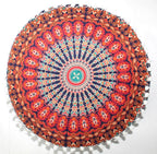 CRAFT KALA Large Hippie Mandala Meditation Floor Ottoman Pillow Cushion Pouf Cover Square Poufs Bohemian Circle Floor Cushion Case Outdoor Fireplace Yoga Living Room Decor Cover Orange, 16" Round