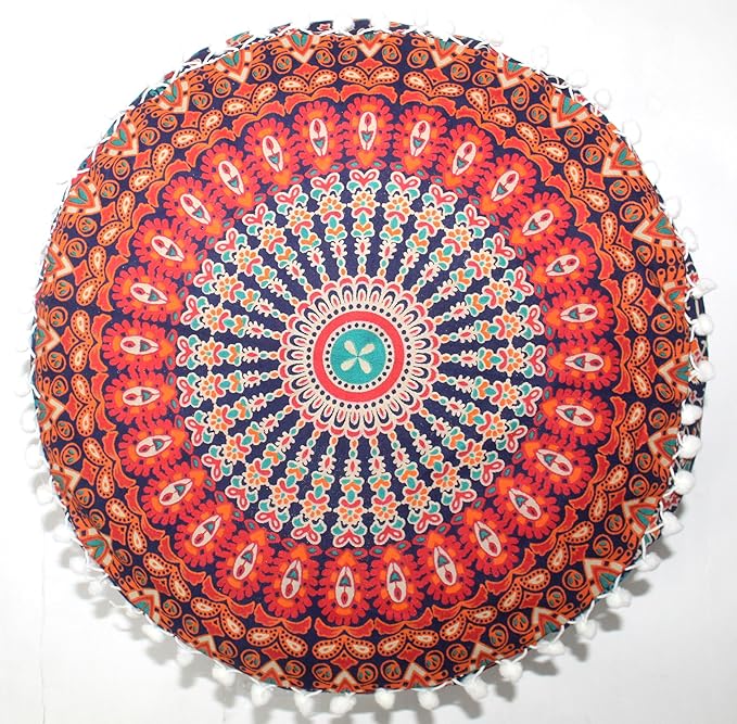 CRAFT KALA Large Hippie Mandala Meditation Floor Ottoman Pillow Cushion Pouf Cover Square Poufs Bohemian Circle Floor Cushion Case Outdoor Fireplace Yoga Living Room Decor Cover Orange, 24" Round