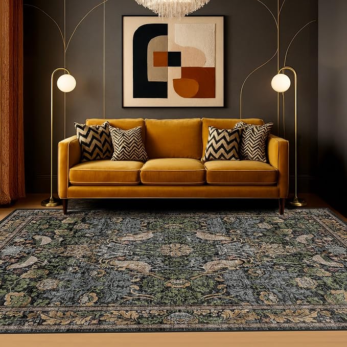 Boho Living Room Rug 5x8 - Dark Green Rugs 5x8 for Bedroom, Dining Room, Office with Vintage Forest Farmhouse Botanical & Bird Design, Non Slip Stain Resistant Low Pile - Brown