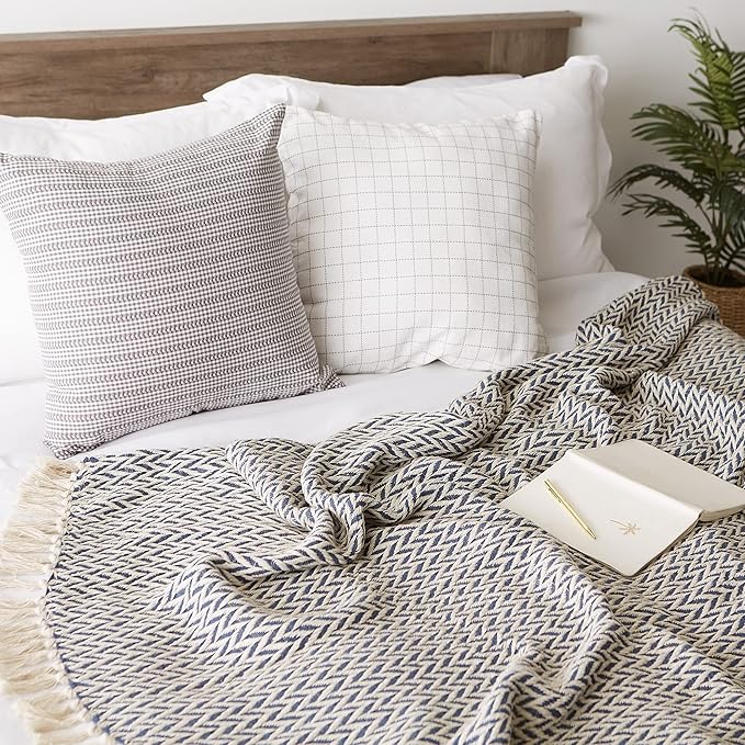 DII Modern Zig Zag Throw Blanket Woven Cotton, Hand-Knotted 2.5" Fringe, 50x60, Nautical Blue
