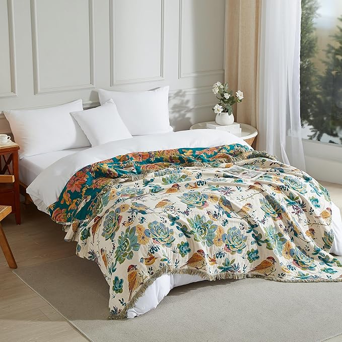 Boho Throw Blanket for Bed 80”x90”, 100% Cotton Woven Blanket for Couch Sofa, Ultra Soft 4-Layer Muslin Quilt with Floral Printed, Farmhouse Bed Blanket/Cover for Living Room Decor