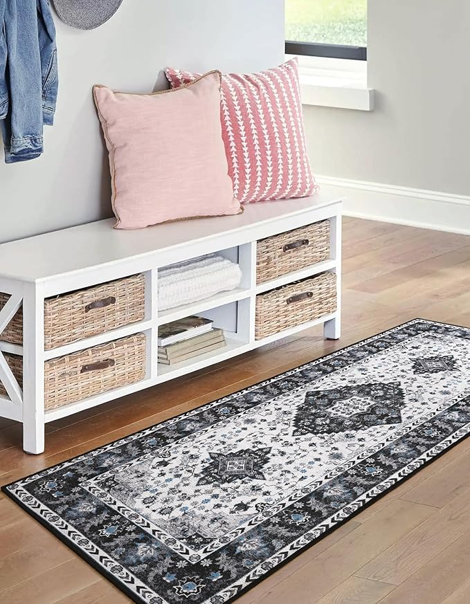 Amearea Vintage Design Runner Rugs for Living Room, 2x6 Machine Washable Floral Collection Traditional Bedroom Rug, Low Pile Cute Kids Room Print Carpet, No Slip Office Kitchen Home Decor, Black