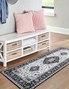 Amearea Vintage Design Runner Rugs for Living Room, 2x6 Machine Washable Floral Collection Traditional Bedroom Rug, Low Pile Cute Kids Room Print Carpet, No Slip Office Kitchen Home Decor, Black