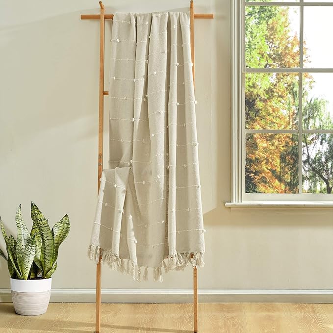 Lush Decor Boho Tufted Cotton Woven Tassel Fringe Throw Blanket Single 50" W x 60" L Neutral - Beige Throw Blankets for Bed - Couch Boho Blankets
