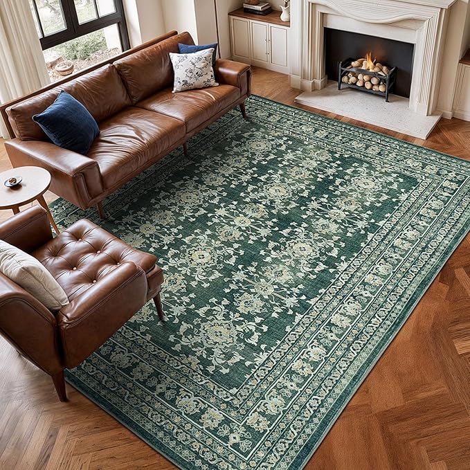 Lessymo 8x10 Area Rugs for Living Room, Machine Washable Non Slip Large Rug, Soft Low Pile Carpet for Bedroom Dining Office, Vintage Dark Green Distressed Floral Floor Decor