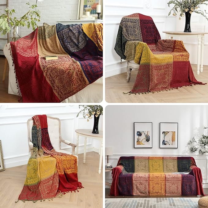 Boho Throw Blanket, Chenille Jacquard Tassels Throw Blankets for Bed Couch Soft Chair， Bohemian Fringe Tassels (Red, Large 86 * 102Inches)