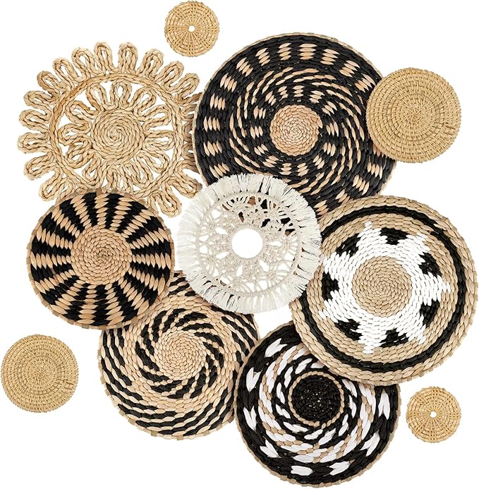 Tatuo 11 Pcs Boho Wall Basket Decor Decorative Bulrush Woven Basket Wall Decor Art Round Farmhouse Hanging Baskets for Kitchen Rustic Home Summer Decorations, Multi Sizes(Boho)