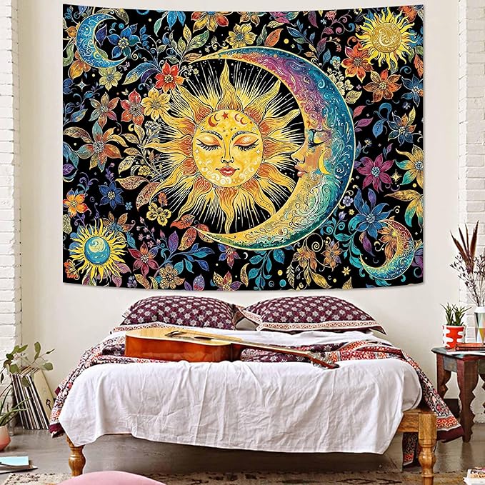 Accnicc Sun and Moon Tapestry for Bedroom Boho Hippie Floral Wall Tapestry Aesthetic Vintage Stained Glass Flower Plant Celestial Large Tapestries Wall Hanging for Living Room Dorm 80 x 60 Inch