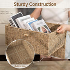 StorageWorks Extra Large Wicker Baskets with Lid for Organizing, Seagrass Storage Baskets for Shelves, Decorative Box with Built-in Handles, Natural, 1 Pack