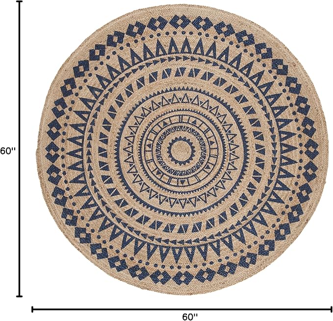 SAFAVIEH Natural Fiber Collection Area Rug - 5' Round, Royal Blue & Natural, Handmade Boho Mandala Braided Jute, Ideal for High Traffic Areas in Living Room, Bedroom (NF802D)