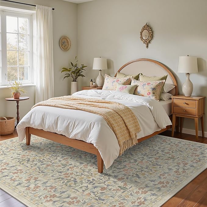 GENIMO 8x10 Washable Area Rug, Non-Slip Vintage Boho Floral Carpet, Soft Low-Pile Thin Living Room Rug for Bedroom, Dining Room, Nursery, Beige Blue