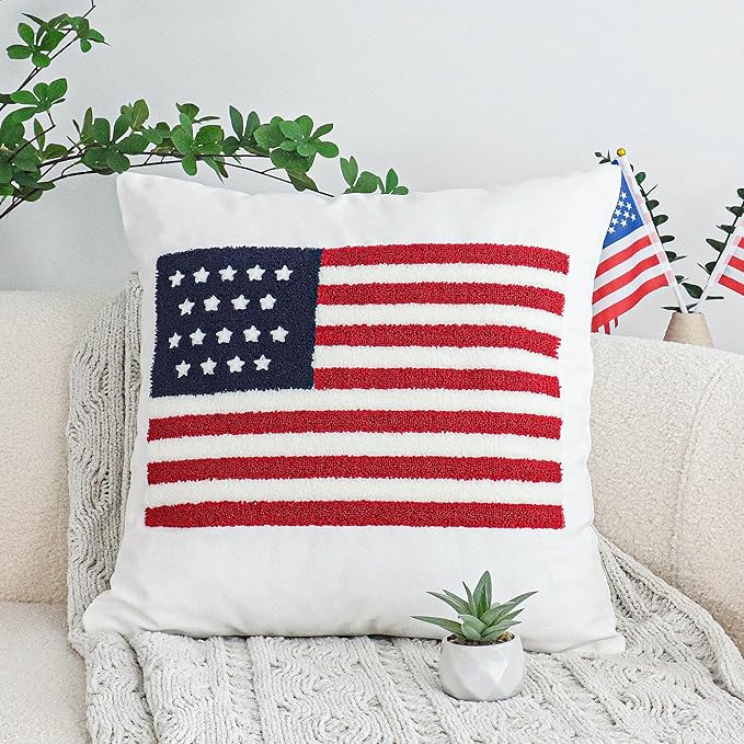 Jonhier 4th of July Throw Pillow Cover, Independence Day Patriotic Throw Pillow Case Tufted American Flag Pattern, Textured Cushion Cases Memorial Day Flag Day Decor for Sofa Bed (White, 18” x 18”)
