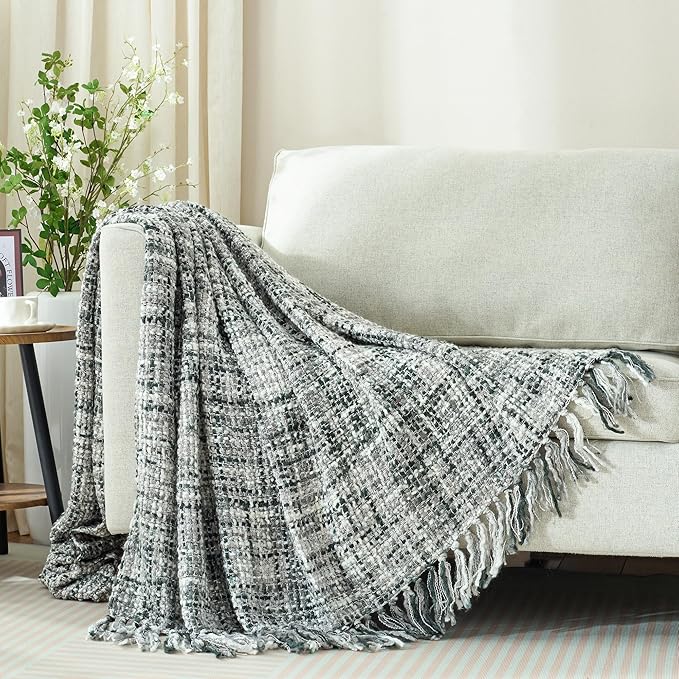 Multi-Color Grey Cable Woven Throw Blanket for Couch,60"X80" Boho Style Textured Blankets for Home Decor,Super Soft Warm Cozy Chunky Blanket with Decorative Tassels for Bed and Sofa