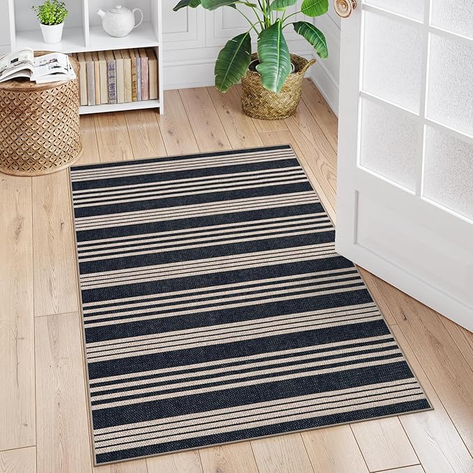 Lahome Elance Striped Easy Jute Washable Rug, 3x5 Outdoor Porch Patio Entryway Rug Indoor Outdoor Carpet for Living Room, Farmhouse Neutral Non Slip Black Carpet for Backyard Bedroom Kitchen