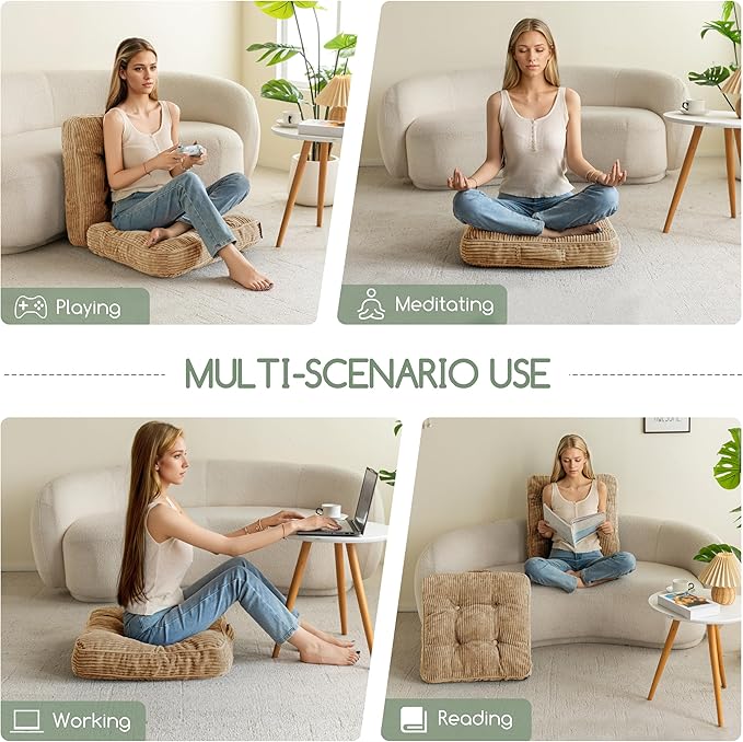 HIGOGOGO Floor Pillow Cushion for Adults, Meditation Cushion Pillow, Large Square Floor Sitting, Tufted Corduroy Cover, for Tatami Living Room or Yoga, 22x22 Inch, 2Pack, Coffee