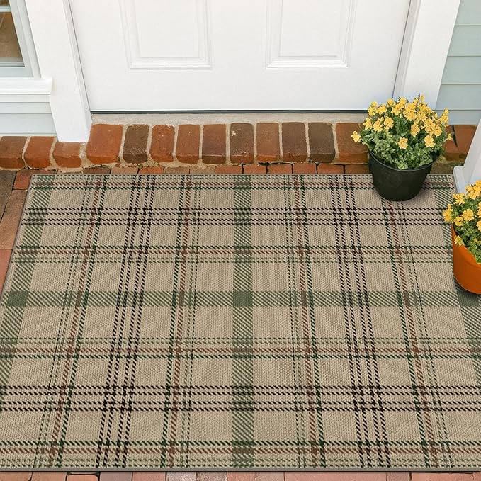 3x4 Washable Rug Indoor Door Mat - Large Entryway Rug, Non Slip Farmhouse Decor for Kitchen Floor, Non Shedding Easy Jute Beige & Sage Decor