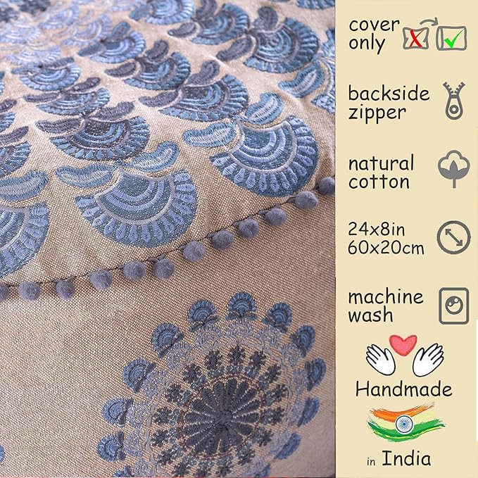 Large Round Floor Pillow Cover Blue Indian Décorative Accent Meditation Cushion Perfect for Living Room, Bedroom, Nursary or Children Room Seating Area Stool Footstool Pouf Ottoman 24x8 Unstuffed