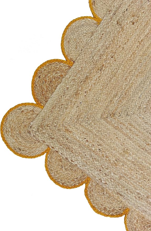 Scalloped Natural Jute Area Rug, Yellow Trim, 2'6"x16'